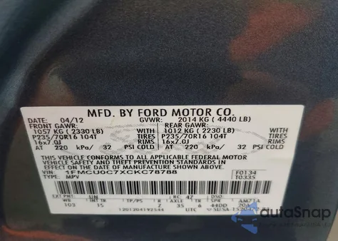 2012 Ford Escape Xls z USA, uszkodzony, nr VIN 1FMCU0C7XCKC78788